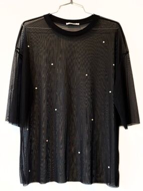 Zara Black Sheer Mesh Top with Pearl-Like Embellishments Size S